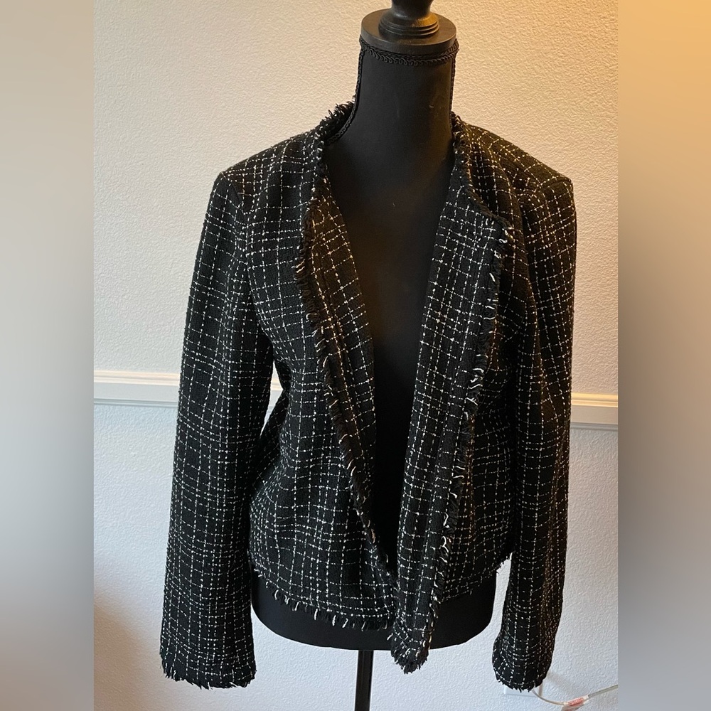 Calvin Klein Women's Black and White Checkered Blazer Size 10